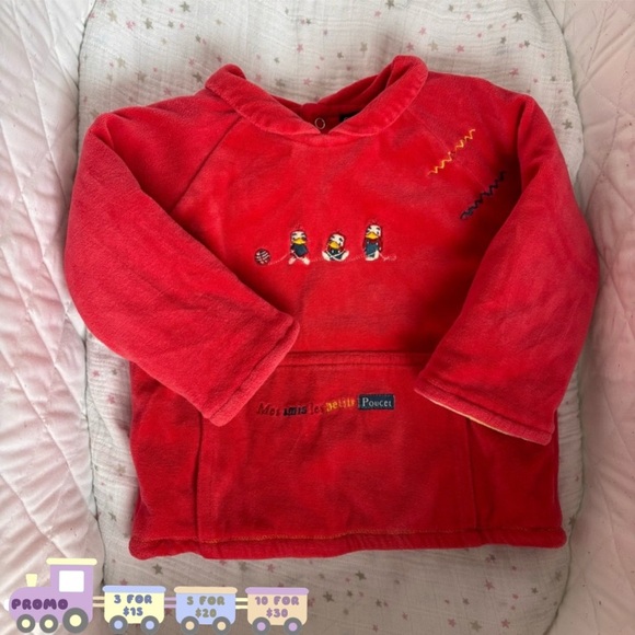 🐣 24M Red Velour Chunky Sweater Embroidered Ducks Collar Pocket Long Sleeve - Picture 1 of 13